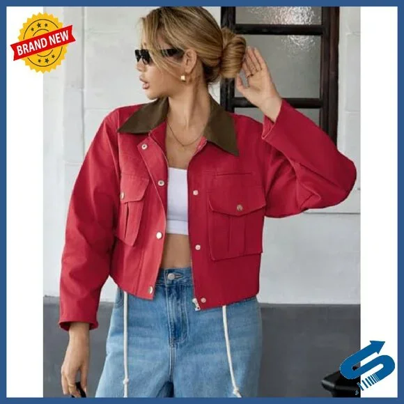 Women's Cropped Utility Jacket 100% Cotton Button Front Casual Barn Coat